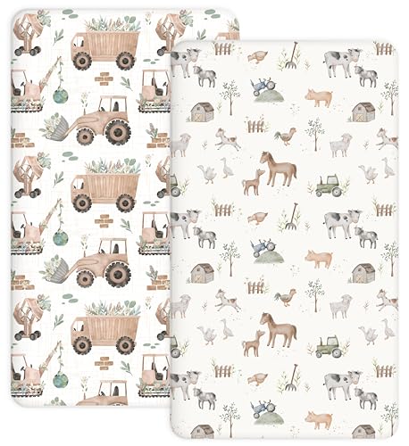 Image of Crib Sheets for Boys and Girls, 2 Pack Fitted Baby Sheets for Standard Toddler Mattress 28 inch x 52 inch, Soft Breathable Jersey Knit Baby Bedding (Little Farm)