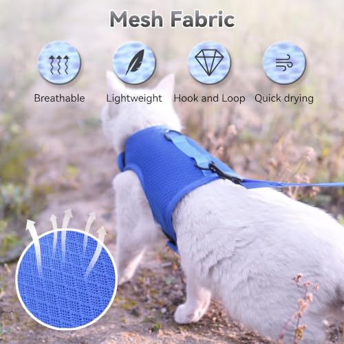 Image of Kitty Harness and Leash for Walking Escape Proof Breathable Mesh Fabric, Solid Blue, X-Small, Adjustable Cat Walking Jackets, Padded Stylish Cat Vest