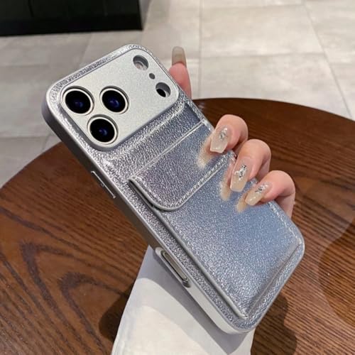 Étui portefeuille iPhone 14 Plus en cuir synthétique argenté avec porte-carte
