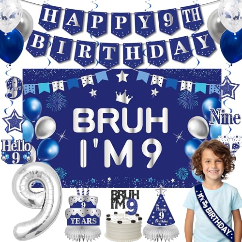 Blue Sliver Happy 9th Birthday Decorations for Boys Men
