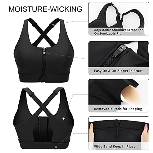 Cordaw Zip Front Sports Bra Adjustable Straps High Support Medium Impact Zipper Front Hook Running Bra Crisscross Padded, Black Medium #TOP3