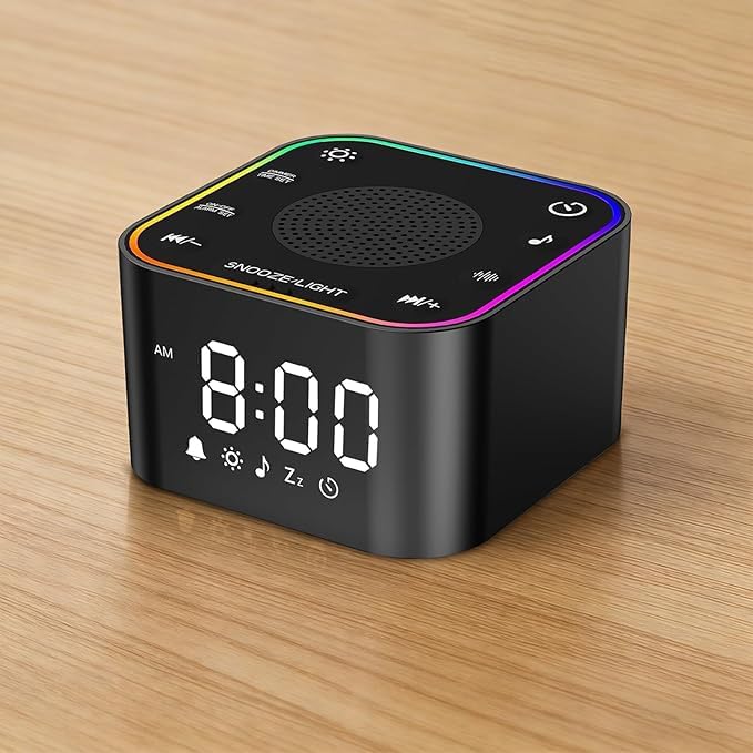 HUO JI Digitaler Wecker mit Weißrauschen-Maschine 30 Non-Looping Sounds für Tiefschlaf - Sanftes Aufwachen mit einstellbarem RGB Licht, Memory & Timer für Erwachsene, Kinder, Babys (Schwarz)