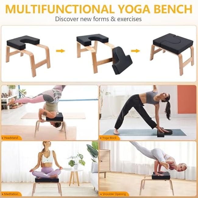 Yoga Headstand Bench, Yoga Inversion Chair, Headstand Trainer with Wood Frame and Pu Pad,Stand Yoga Chair Stress Relief, Balance Training, Body Shaping, Load Capacity 300 Pounds