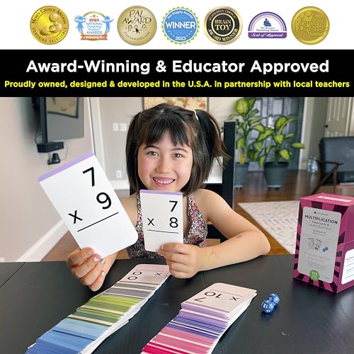 Image of Award-Winning Multiplication Flash Cards - 173 Jumbo Cards (3.1 inch x 5.2 inch), All Facts 0-12 - 1 Fact & Visual Aid Per Card - Includes 2 Bonus Math Dice, Games, Charts & Mastery Divider Tabs - Grades 2-6