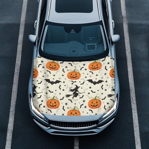 Image of Pumpkin Witch Halloween Print Car Hood Cover Easy to Install Fabric Hood Cover Halloween Vehicles Decorate Engine Removable Automotive Accessories Personalized Suitable for Cars(59x39 Inch)
