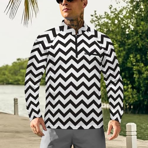 Black and White Zig Zag Lines Men's Rash Guard Long Sleeves Quick Dry Fishing Workout Shirts with Zipper2