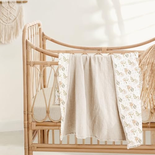 Image of lulumoon Muslin Baby Blanket for Girls - Soft Cotton for Newborn - 4 Layer Reversible Breathable Floral Receiving Blanket for Nursery Crib and Stroller 47 inchx47 inch (Ivory Flower)