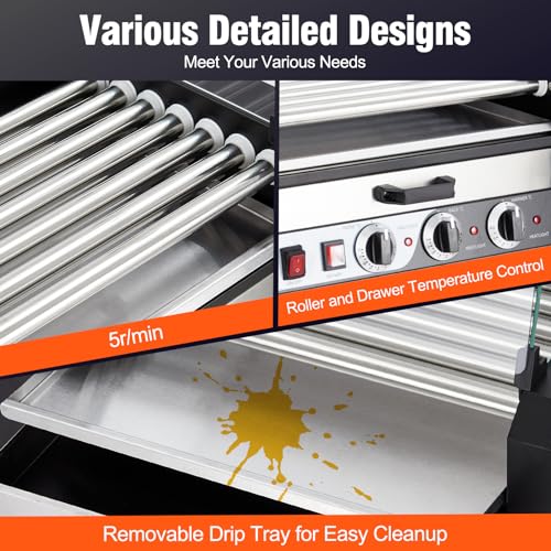Hot Dog Roller, 7 Rollers 18 Hot Dogs Capacity 1350W Stainless Sausage Grill Cooker Machine with Removable Oil Drip Tray Dual Temp Control and Glass Hood Cover, Perfect for Commercial and Party