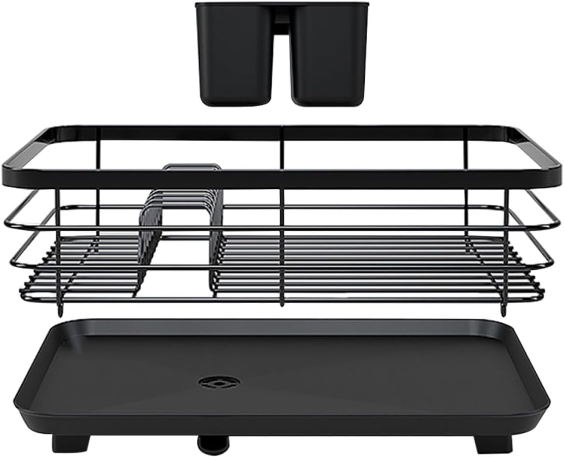 BESPORTBLE Dish Drying Rack for Kitchen Counter Single-Layer Black Iron Dish Rack with Drainage Outlet Space-Saving for Plates and Bowls