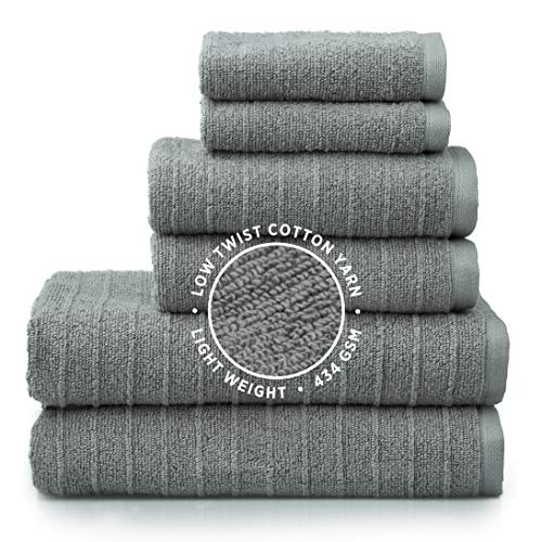 Welhome James | 2 Bath Towels 2 Hand Towels 2 Washcloths | Stripe Textured Gray Bathroom Towels | Soft & Absorbent Towels For Bathroom | Quick Dry Towels | 100% Cotton 6 Piece Towel Set #TOP18