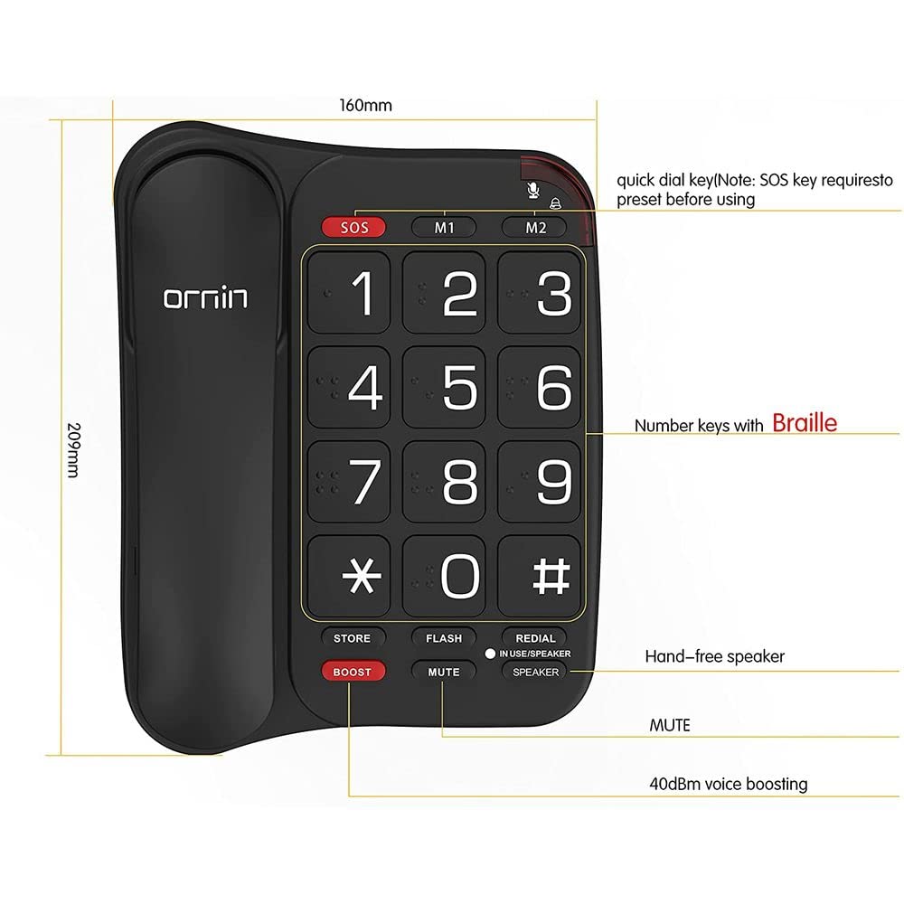 Ornin S018 Festnetztelefon für Senioren, Großtastentelefon, 3 Direktwahltasten, Laute Freisprechanlage, Sprachverstärkung, Blindenschrift (Schwarz)