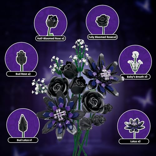 Image of Flower Bouquet Building Set, 12 Gothic Black Rose and Lotus Botanical Collection Building Block Toy Compatible with Lego Flowers for Adults Women Home Decor, Gift for Valentine, Mother's Day