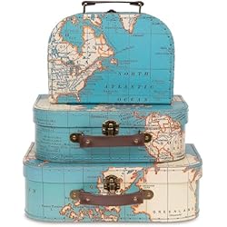 Maletas Antiguas Jewelkeeper - Maletas decorativas de cartón, juego de 3 - Baúl para juguetes para cumpleaños, bodas, Navidad, guarderías, decoración de oficina, vitrinas y fotos - Diseño de mapa mundial antiguo