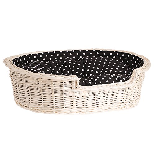 Corbeille pour chien ou chat ovale, panier en osier blanc doublée avec joli coussin noir imprimé petites pois blancs