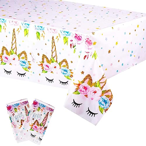 OUOQI 2 Piezas Manteles de Unicornio,130×220cm Manteles Plástico Impreso Serie Unicornio,Mantel de Cumpleaños de Unicornio,Manteles de Cumpleaños de PVC Resistentes al Agua,para Niños Cumpleaños