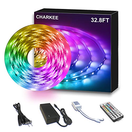 CHARKEE Led Lights for Bedroom, RGB 5050 Color Changing Led Strip Lights with Remote 12V Power Supply, LED Lights 32.8ft for Living Room, Kitchen, Home Decoration