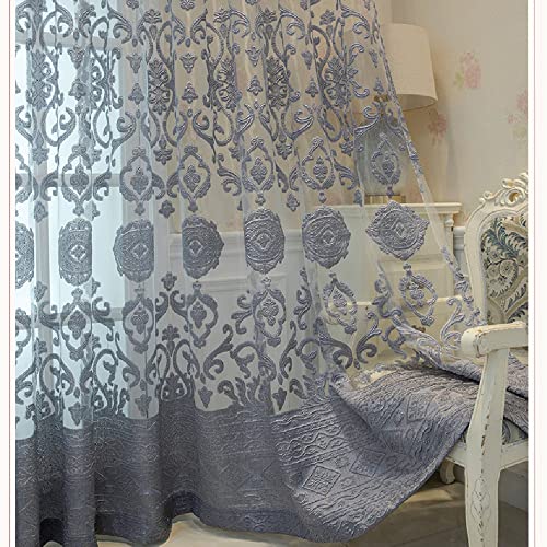 Amidoudou 1 Pair Luxury European Sheer Curtains Hollow Embroidered Tulle Curtains for Bedroom Living Room (Gray,54x96 Inch)