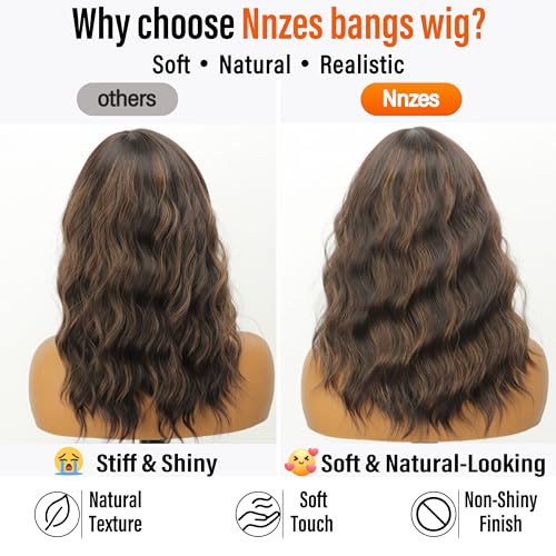 Image of Nnzes Wig with Bangs for Women Shoulder Length Bob Wavy Women's Charming Synthetic Brown mixed Blonde Highlight Wigs with Natural Curly Heat Resistant Hair for Daily Party Use
