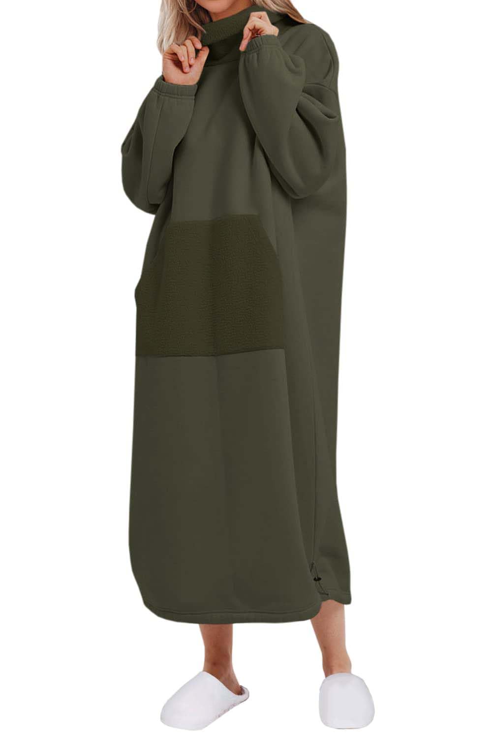 ReachMe Womens Oversized Long Sweatshirt Fleece Dress Turtleneck Pullover Plush Lounge Maxi Dress with Kangaroo Pocket