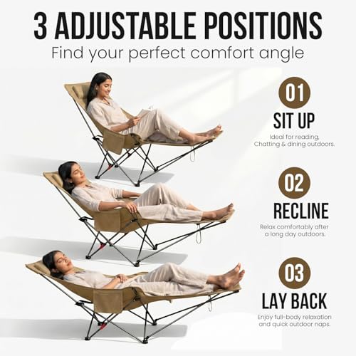 Image of ORILEY Compact Folding Chair with Heavy Duty Metal Frame 3 Adjustable Positions Portable Lightweight Foldable Seat for Outdoor Camping Hiking Fishing Garden Beach Picnic Travelling (Pack of 1, Khaki)