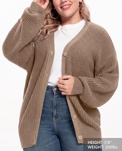 Image of QUALFORT Women's Oversized 100% Cotton Cardigan Sweater | Long Sleeve V Neck Button Down Open Front Knit Outerwear
