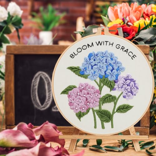 Image of Nuberlic Hydrangea Embroidery Kits for Beginner Adults Cross Stitch Kit with Stamped Pattern Include Cloth Hoops Threads Needles