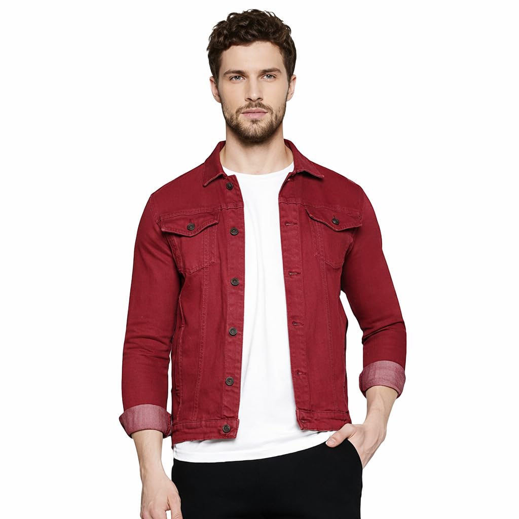 shopper52 Men Regular Fit Washed Full Sleeve Denim Jacket (XL, Maroon)-picture-47