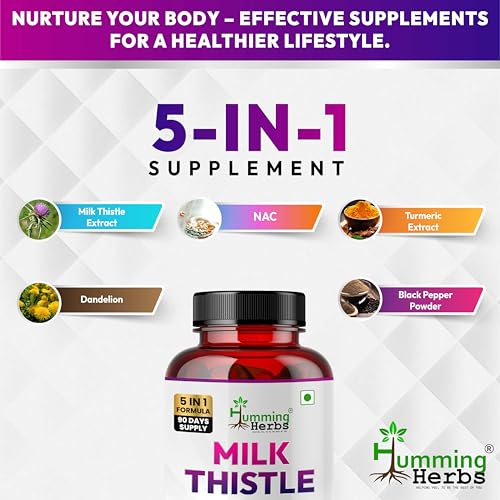 Image of Humming Herbs Milk Thistle Supplement 1140mg Liver Support Formula with NAC, Curcumin, Dandelion and Black Pepper - Bioavailable Detox Supplement - Capsules - 180 Count