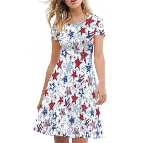 Image of HUGS IDEA Womens Puffy Swing Midi Dress Round Neck Short Sleeve Party A-Line Dresses