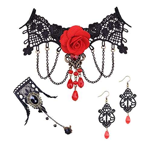 JeryWe 4 peças Gothic Vintage Witch Vampire Jewellry Set para mulheres colar gargantilha de renda preta luvas compridas sem dedos pulseira brincos punk festa cosplay acessórios para Halloween Páscoa