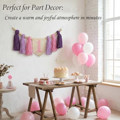 Image of Girl First Birthday Pastel Pink Purple ONE High Chair Banner with Cone Hat & Cake Toppe Baby Girl Spring 1st Birthday Decoration(Pink Purple 1st)