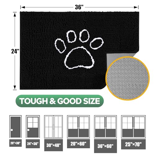 Dog Door Mat for Muddy Paws, Pet Rug Chenille Absorbent Outdoor Doormat 48"x 30", Non Slip Heavy Indoor Doormat Soft Front Inside Doormats for Entryway, Mud Paws, Patio,Dog Paw Black