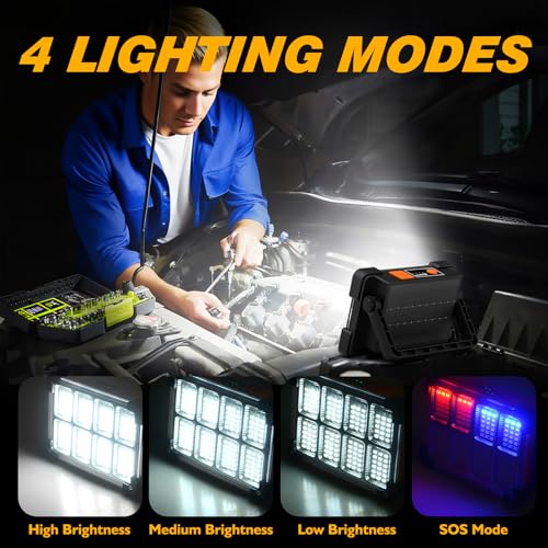Image of 120W Solar Rechargeable Work Light, 144 LED 10000LM Led Work Light with 4 Modes, Portable Flood Light with Stand, IP66 Waterproof Outdoor Working Light for Emergency Mechanic Camping Repair (Black)