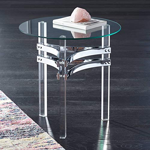 Studio 55D Serenity Modern Acrylic Round Accent Table 23 3/4" Wide Clear Tempered Glass Tabletop Chrome Straps For Spaces Living Room Bedroom Bedside Entryway House Home Office Bathroom #TOP16