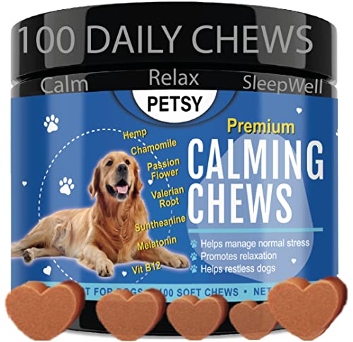 Petsy Calming Treats For Dogs NATURAL Chews with ORGANIC Chamomile, Hemp Seed Powder, Valerian Root, Passion flower, Suntheanine & meltonin DUCK Flavour Soft Chews (1 Tub)