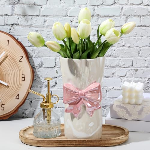 Ninehaoou 1pcs Pink Ceramic Bow Vase 9 x 5 inches,Unique Cute Modern Decorative Bouquet Flower Large Vases for Home Living Room Table Decor Women Girl Gifts