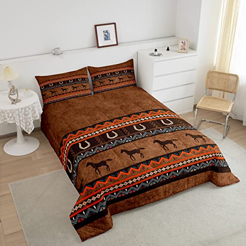 Southwestern Wild Horses Comforter Horse Comforter Set For Boys Girls Kids Aztec Native American Bedding Set Exotic Tribal Elements Down Alternative Comforter For All Season Room Decor Queen Size 3Pcs #TOP2