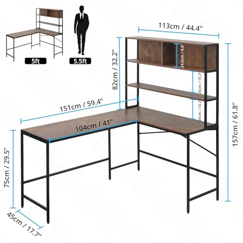 Image of ABOUT SPACE 3 Tier L-Shaped Unique Computer Table with Desktop, Hutch Tower Storage Display Modern Shelf for PC, Laptop, Study & Writing Open Bookshelf [Brown - L 151.7 x B 113.5 x H 157 cm]