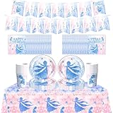 Doyomtoy 62PCS Juego de vajilla para fiesta de cumpleaños infantil Frozen, fiesta temática de Elsa y Anna, pancarta, platos, vasos, servilletas, mantel, juego para 20 personas.