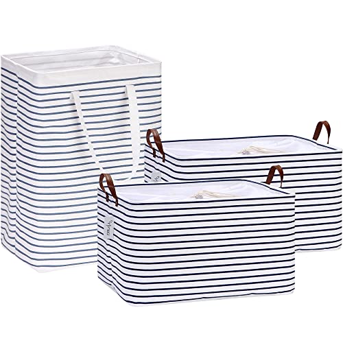 Hinwo 2-Pack 70L Extra Large Canvas Fabric Storage Bins With 77L Laundry Hamper, Navy Stripe #TOP7