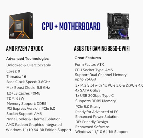 Image of MICRO CENTER CPU Motherboard Combo - AMD Ryzen 7 9700X CPU Processor with ASUS TUF Gaming B850-E WiFi ATX Motherboard