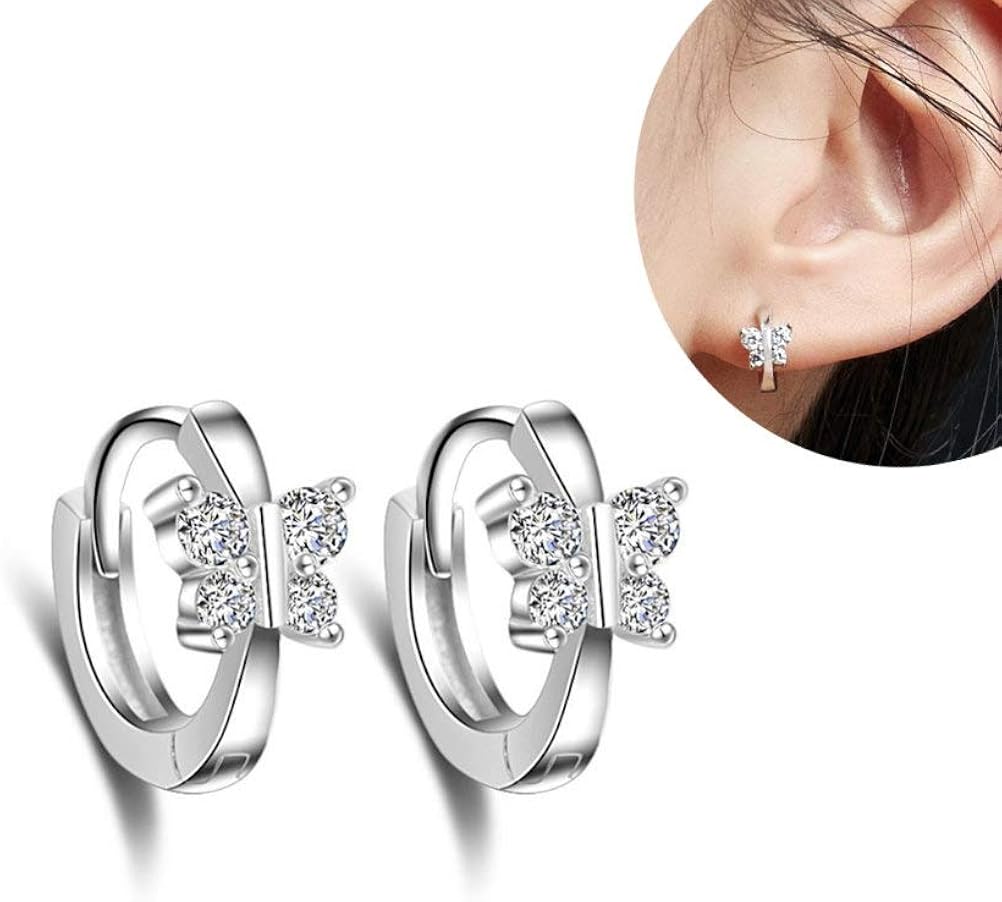 Cute Little Butterflies Sleeper Small Hoop Earrings Sterling Silver CZ Crystal Huggie Round Earring for Women Teen Girls best gifts 8mm - Image 3