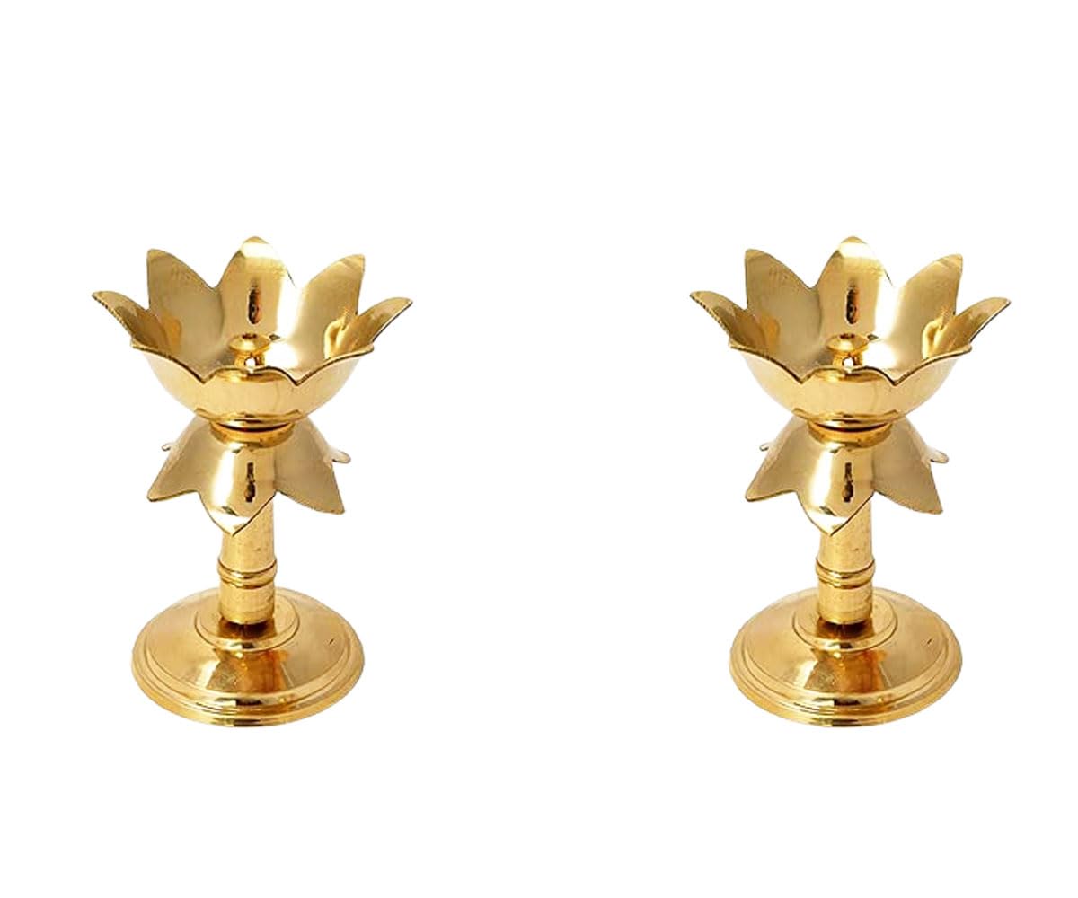 Satre Online and Marketing Lotus Design Brass Samai, Samai for Pooja Decoration, Kamal Diya, Lotus Deep Stand Set 2 (2 Pcs)