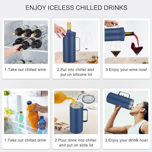 MAXSO 42oz Wine Chiller Iceless Cooler Tumbler - Gift for Wine Lovers, 2-IN-1 Stainless Steel Vacuum Insulated Bucket Portable Mug Cup Wine Accessory Keep Cold, Fit Most 750ml Wine & Champagnes, Blue