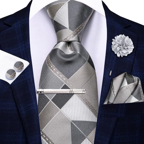 Image of Hi-Tie Grey Checkered Suit Neckties for Men Classic Woven Tie and Pocket Square Lapel Pin Silver Tie Clip Cufflinks Set Wedding Business 6PCS