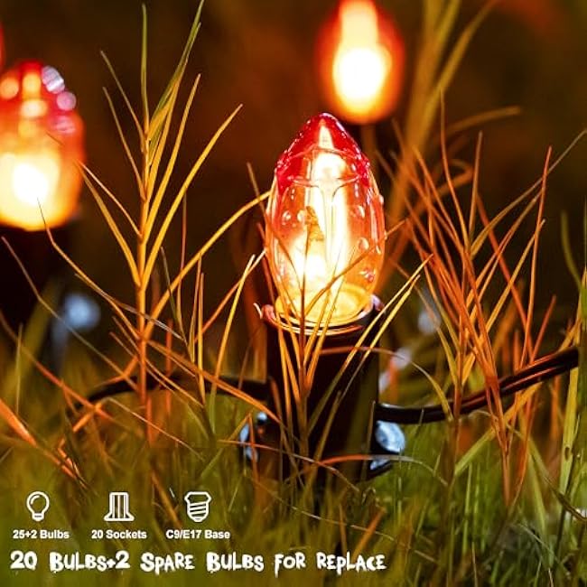 Halloween Decorations - 24.2FT Flickering Flame String Lights with Stakes, C9 Halloween Pathway Lights, 20 Flicker Flame Walkway Light Waterproof for Outdoor Lawn Yard Party
