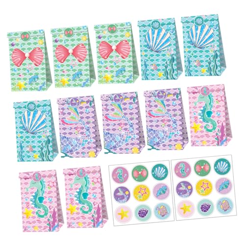 Baluue Juego de 14 Bolsas de Obsequio para Fiesta de Sirena 4 Diseños, Papel Resistente, Incluye 2 Hojas de Pegatinas de Sellado, Adecuado para Cumpleaños, Bodas y Shower