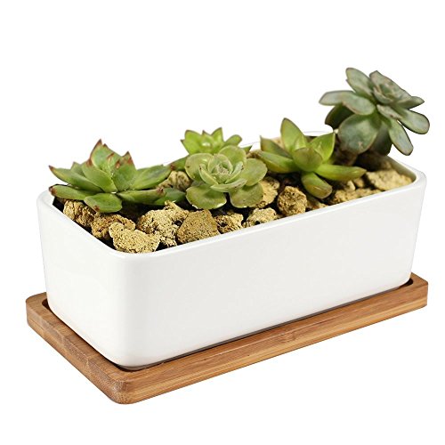 Ceramic Flower Pots,Y&M(TM) Decorative Mini White Rectangular Sucuulent Flower Pot/Cactus Plant Pot with Bamboo Tray