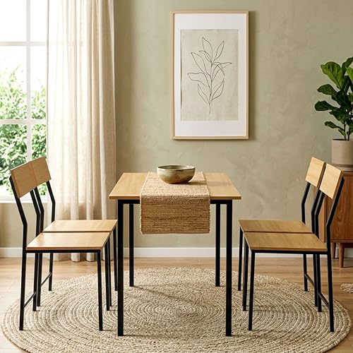 Image of Dining Table Set of 4, 4 Seater Dining Table with Chairs, Engineered Wood Top & Metal Frame, Space Saving Compact Rectangular Dining Table Set for Home, Kitchen, Office (Gold Oak- DIY)