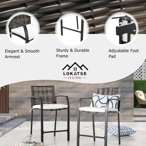 Image of LOKATSE HOME Bar Stools Counter Height Chair Set of 4 Wicker Decoracted Patio Furniture with Armrest for Garden Pool Lawn Backyard